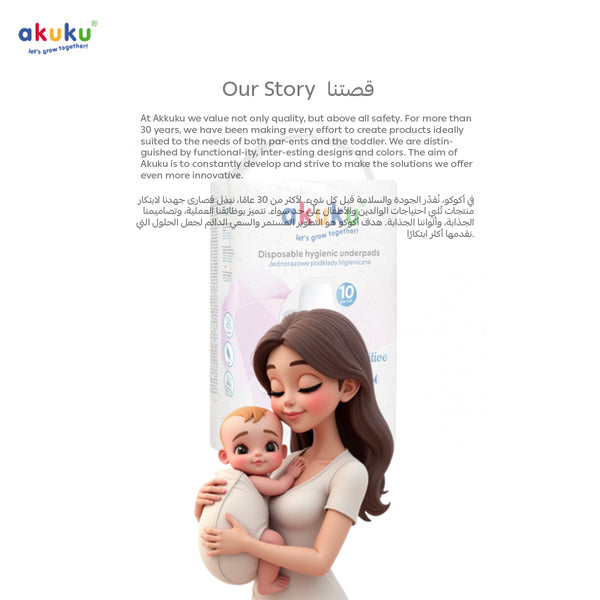 Akuku Disposable Hygienic Underpads for Baby Changing | 60x90 cm | 10 Pack | Sensitive Skin Friendly | Soft Top Layer | Leakproof Waterproof | Multi-Purpose Use