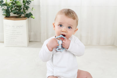 Mombella Hugging Monkey Teether Toy for Babies 5+ Months – BPA-Free, Soft Silicone, Safe & Fun Design for Teething Relief, Easy-Grip, Ideal Gift - Light Blue