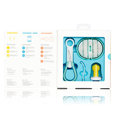 Fridababy Baby Grooming Kit by Fridababy (Includes Finger Brush with Storage Stand, Hair Brush with Case Styling Hair Comb, Easy Grip Nail Scissors with Nail File and Case)