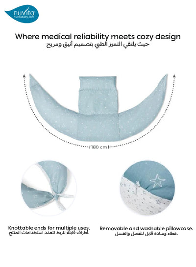 DreamWizard 12-in-1 Pregnancy Pillow | Adjustable Back Support | Supports Left Side Sleep | Breastfeeding Pillow | Baby Nest | CE Medical Device | Hypoallergenic | Blue with grey stars