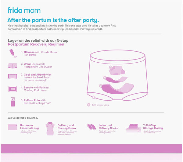 Frida Mom Hospital Kit for Labor, Delivery, & Postpartum  - Includes Nursing Gown, Socks, Peri Bottle, Disposable Underwear, Ice Maxi Pads, Pad Liners, Perineal Foam, Toiletry Bag, 15 Piece Set