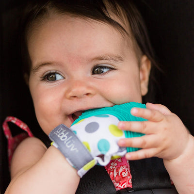 BBLUV Glüv Teething Mitten – Aqua | Self-Soothing Relief for Teething Babies | Soft Silicone & Crinkle Fabric, Adjustable Strap