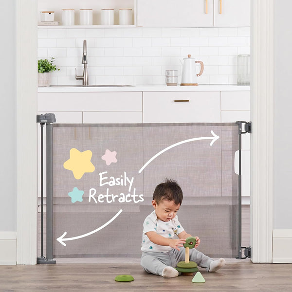 Regalo Fabric Retractable Baby Gate – Stylish, Space-Saving, Extra-Wide Mesh Gate for Doors & Stairs, Secure & Adjustable Safety Barrier for Infants & Pets