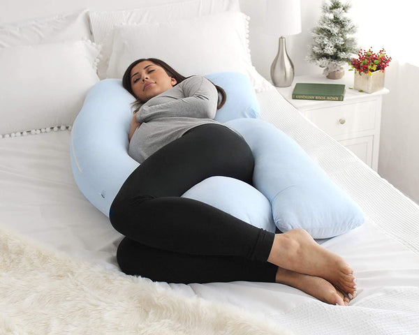 PharMeDoc Pregnancy Pillow, U-Shape (Jersey Blue, Detachable) Full Body Pillow and Maternity Support for Back, Hips, Legs, Belly for Pregnant Women, Jersey Light Blue