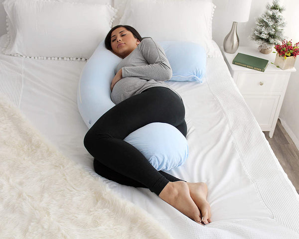 PharMeDoc Pregnancy Pillow, U-Shape (Jersey Blue, Detachable) Full Body Pillow and Maternity Support for Back, Hips, Legs, Belly for Pregnant Women, Jersey Light Blue