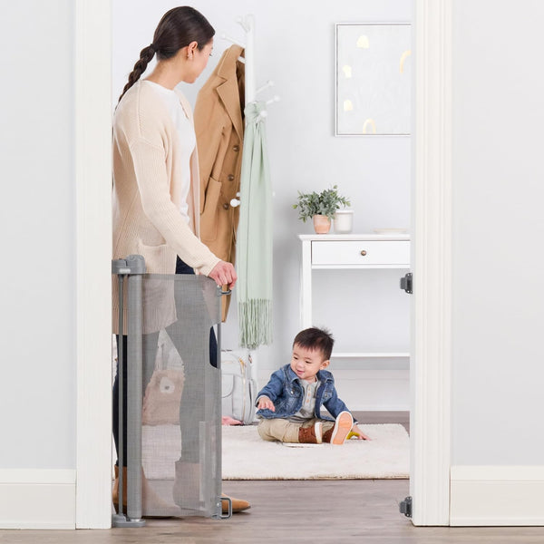Regalo Fabric Retractable Baby Gate – Stylish, Space-Saving, Extra-Wide Mesh Gate for Doors & Stairs, Secure & Adjustable Safety Barrier for Infants & Pets