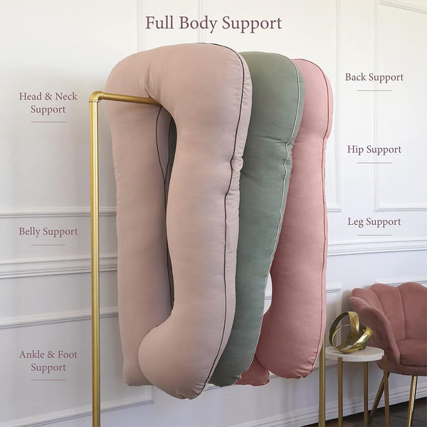 PharMeDoc Organic Pregnancy Pillow - U Shaped Maternity Body Pillow - Sage Color - Organic Cotton Cover Full Body Pillow