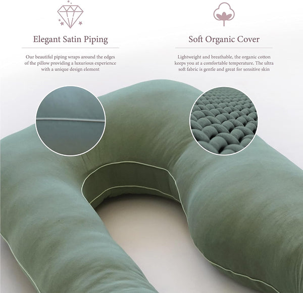 PharMeDoc Organic Pregnancy Pillow - U Shaped Maternity Body Pillow - Sage Color - Organic Cotton Cover Full Body Pillow