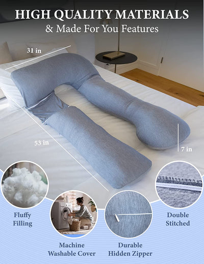 Pharmedoc Pregnancy Pillows, U-Shape Full Body Pillow – Cooling Cover Grey – Pregnancy Pillows for Sleeping – Body Pillows for Adults, Maternity Pillow and Pregnancy Must Haves