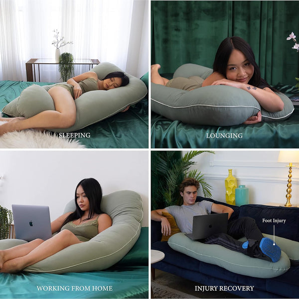 PharMeDoc Organic Pregnancy Pillow - U Shaped Maternity Body Pillow - Sage Color - Organic Cotton Cover Full Body Pillow
