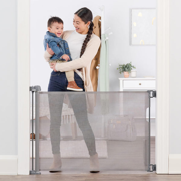 Regalo Fabric Retractable Baby Gate – Stylish, Space-Saving, Extra-Wide Mesh Gate for Doors & Stairs, Secure & Adjustable Safety Barrier for Infants & Pets
