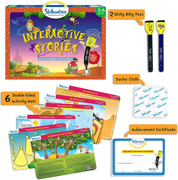 Kids Write and Wipe Interactive Stories Activity Mats | 6 Illustrated Tales with Morals | Educational Reusable Reading Learning Toy for Preschool | 3-6 Years