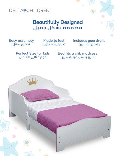 Princess Crown Toddler Bed | Wood Frame with Guardrails | White Pink Finish | Fits Crib Mattress | 135.9x76.2x63.5 CM | Girl's Bedroom Furniture