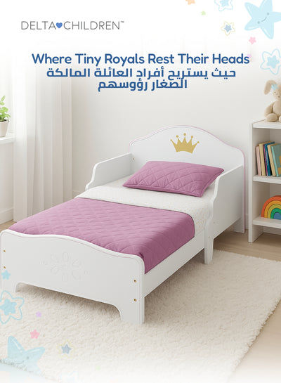 Princess Crown Toddler Bed | Wood Frame with Guardrails | White Pink Finish | Fits Crib Mattress | 135.9x76.2x63.5 CM | Girl's Bedroom Furniture