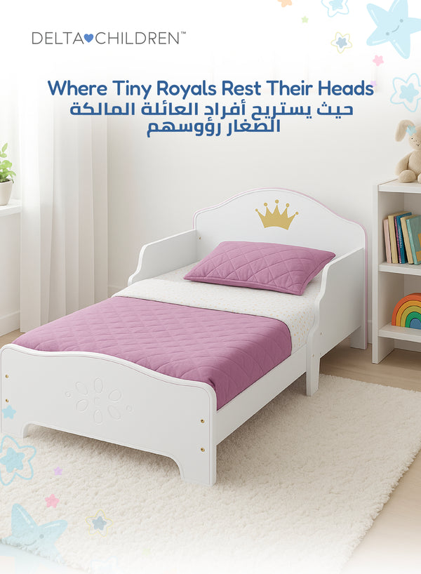 Princess Crown Toddler Bed | Wood Frame with Guardrails | White Pink Finish | Fits Crib Mattress | 135.9x76.2x63.5 CM | Girl's Bedroom Furniture