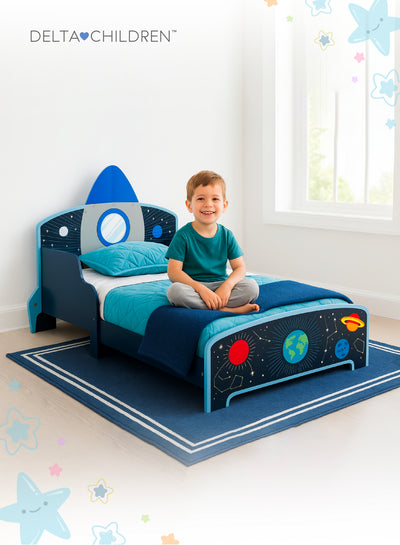Rocket Ship Toddler Bed for Kids | Space Theme | Durable Wood | Low Height for Safety | Vibrant Galaxy Design | Fits Standard Crib Mattress | 135.88L x 76.2W x 63.5H CM