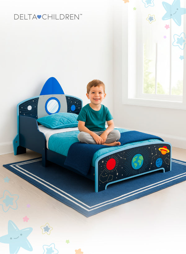 Rocket Ship Toddler Bed for Kids | Space Theme | Durable Wood | Low Height for Safety | Vibrant Galaxy Design | Fits Standard Crib Mattress | 135.88L x 76.2W x 63.5H CM