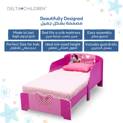 Minnie Mouse Kids Wooden Toddler Bed Frame with Attached Guardrails | Fits Standard Crib Mattress | JPMA Certified Pink Bedroom Furniture | 142.9 x 76.9 x 66.7 CM | 15M+