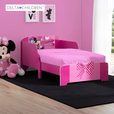 Minnie Mouse Kids Wooden Toddler Bed Frame with Attached Guardrails | Fits Standard Crib Mattress | JPMA Certified Pink Bedroom Furniture | 142.9 x 76.9 x 66.7 CM | 15M+