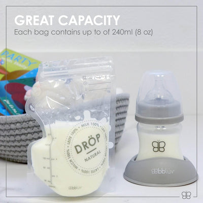 bblüv – Dröp – Breastmilk Storage Bag, 50 Count, Double Zipper, Large Capacity Breastmilk Bag, BPA Free, Pre-Sterilized, Breastmilk Refrigerate and Freezer Bag (240 ml)