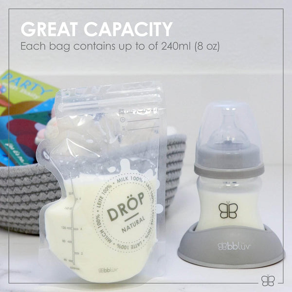 bblüv – Dröp – Breastmilk Storage Bag, 50 Count, Double Zipper, Large Capacity Breastmilk Bag, BPA Free, Pre-Sterilized, Breastmilk Refrigerate and Freezer Bag (240 ml)