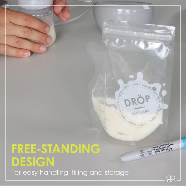 bblüv – Dröp – Breastmilk Storage Bag, 50 Count, Double Zipper, Large Capacity Breastmilk Bag, BPA Free, Pre-Sterilized, Breastmilk Refrigerate and Freezer Bag (240 ml)