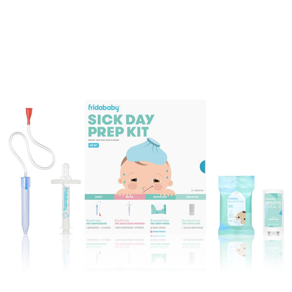 Frida Baby Sick Day Prep Kit | Sick Baby Essentials, Allergy Relief Set Includes NoseFrida Nasal Aspirator, MediFrida Pacifier Medicine Dispenser, Breathefrida Vapor Rub, Snot Wipes