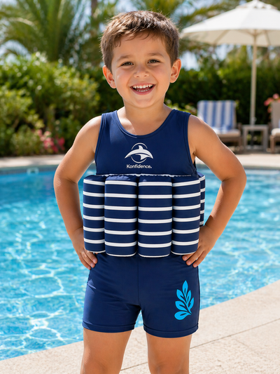 Kids One Piece Float Swimsuit Buoyancy Swim Aid | Soft Lycra with Built-In Foam Floats | UV Sun Protective Learn to Swim Costume | Breton Navy | 1-5 Years