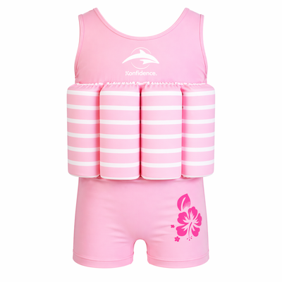 Kids One Piece Float Swimsuit Buoyancy Swim Aid | Soft Lycra with Built-In Foam Floats | UV Sun Protective Learn to Swim Costume | Pink Breton Stripe | 1-5 Years