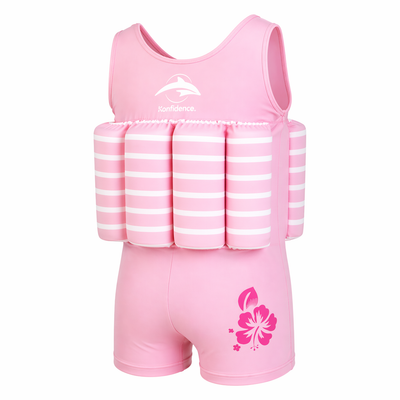 Kids One Piece Float Swimsuit Buoyancy Swim Aid | Soft Lycra with Built-In Foam Floats | UV Sun Protective Learn to Swim Costume | Pink Breton Stripe | 1-5 Years