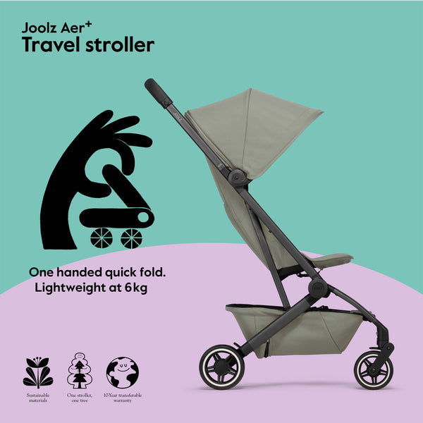 Joolz AER+ Lightweight & Compact Travel Stroller - Portable One Hand, One Second Fold Design - Full Reclinable - Ergonomic Seat for Infant & Toddler (0 Months to 4 Years) - XXL Sun Hood - Stroller for Airplane -Travel Pouch - Sage Green