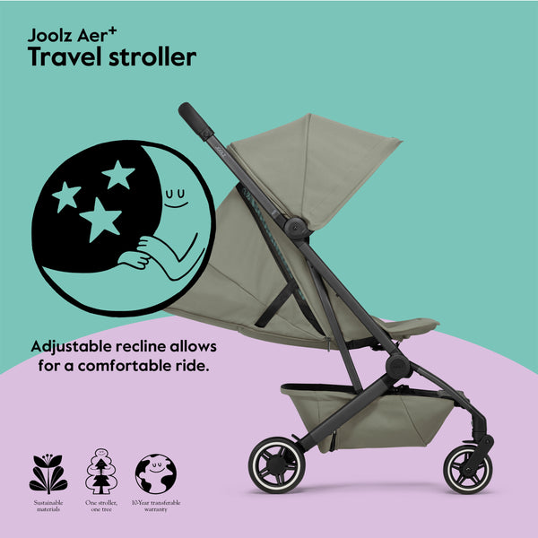 Joolz AER+ Lightweight & Compact Travel Stroller - Portable One Hand, One Second Fold Design - Full Reclinable - Ergonomic Seat for Infant & Toddler (0 Months to 4 Years) - XXL Sun Hood - Stroller for Airplane -Travel Pouch - Sage Green