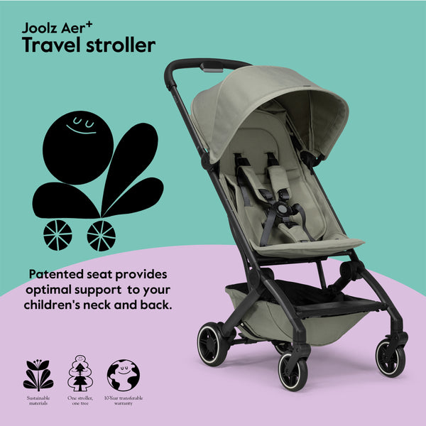 Joolz AER+ Lightweight & Compact Travel Stroller - Portable One Hand, One Second Fold Design - Full Reclinable - Ergonomic Seat for Infant & Toddler (0 Months to 4 Years) - XXL Sun Hood - Stroller for Airplane -Travel Pouch - Sage Green