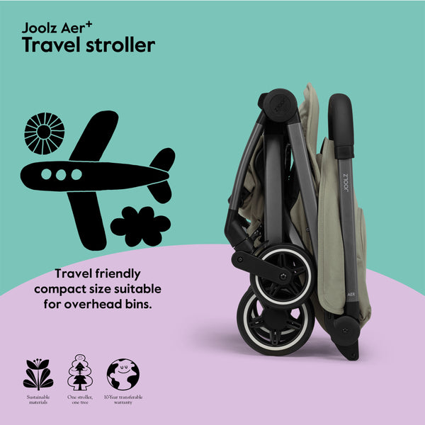 Joolz AER+ Lightweight & Compact Travel Stroller - Portable One Hand, One Second Fold Design - Full Reclinable - Ergonomic Seat for Infant & Toddler (0 Months to 4 Years) - XXL Sun Hood - Stroller for Airplane -Travel Pouch - Sage Green