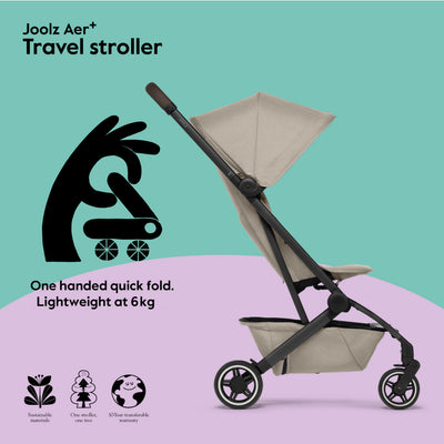 Joolz AER+ Lightweight & Compact Travel Stroller - Portable One Hand, One Second Fold Design - Full Reclinable - Ergonomic Seat for Infant & Toddler (0 Months to 4 Years) - XXL Sun Hood - Stroller for Airplane -Travel Pouch - Sandy Taupe