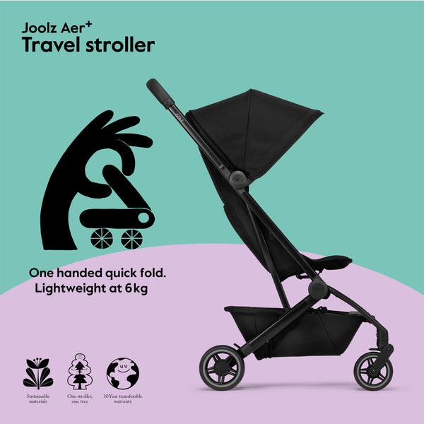 Joolz AER+ Lightweight & Compact Travel Stroller - Portable One Hand, One Second Fold Design - Full Reclinable - Ergonomic Seat for Infant & Toddler (0 Months to 4 Years) - XXL Sun Hood - Stroller for Airplane -Travel Pouch - Space Black