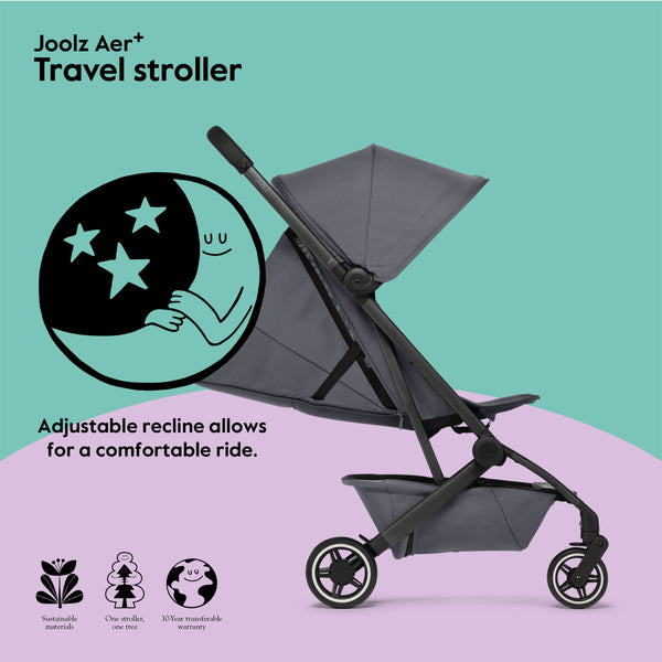 Joolz AER+ Lightweight & Compact Travel Stroller - Portable One Hand, One Second Fold Design - Full Reclinable - Ergonomic Seat for Infant & Toddler (0 Months to 4 Years) - XXL Sun Hood - Stroller for Airplane -Travel Pouch - Stone Grey