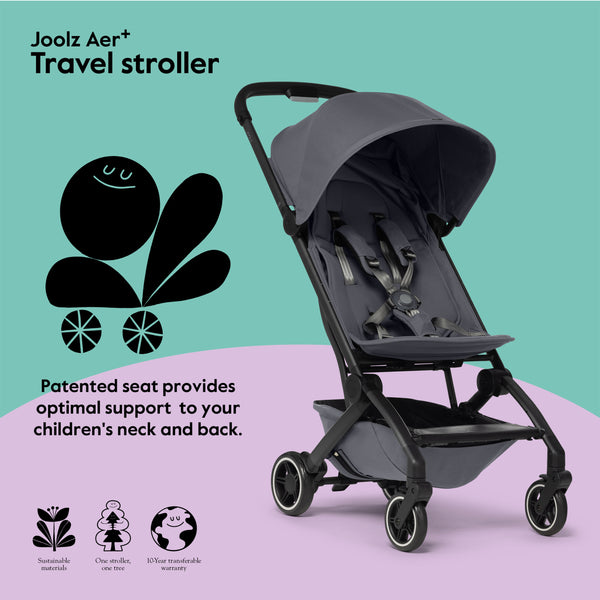 Joolz AER+ Lightweight & Compact Travel Stroller - Portable One Hand, One Second Fold Design - Full Reclinable - Ergonomic Seat for Infant & Toddler (0 Months to 4 Years) - XXL Sun Hood - Stroller for Airplane -Travel Pouch - Stone Grey