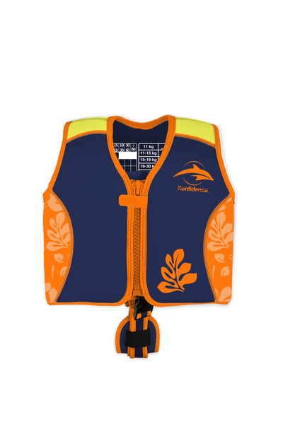 Kids Swim Jacket with 8 Removable Neoprene Floats | Adjustable Buoyancy Training Aid | Secure Strapped Fit to Learn Swimming with Confidence | Maui Palm Navy Orange | 2-12 Years