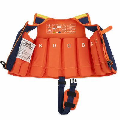 Kids Swim Jacket with 8 Removable Neoprene Floats | Adjustable Buoyancy Training Aid | Secure Strapped Fit to Learn Swimming with Confidence | Maui Palm Navy Orange | 2-12 Years