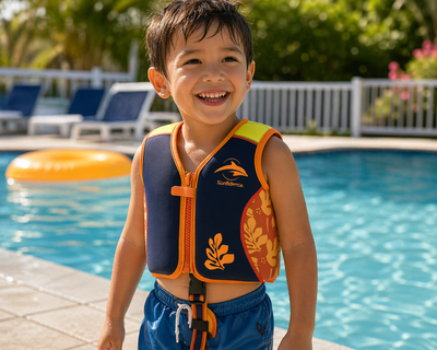 Kids Swim Jacket with 8 Removable Neoprene Floats | Adjustable Buoyancy Training Aid | Secure Strapped Fit to Learn Swimming with Confidence | Maui Palm Navy Orange | 2-12 Years