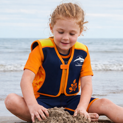 Kids Swim Jacket with 8 Removable Neoprene Floats | Adjustable Buoyancy Training Aid | Secure Strapped Fit to Learn Swimming with Confidence | Maui Palm Navy Orange | 2-12 Years