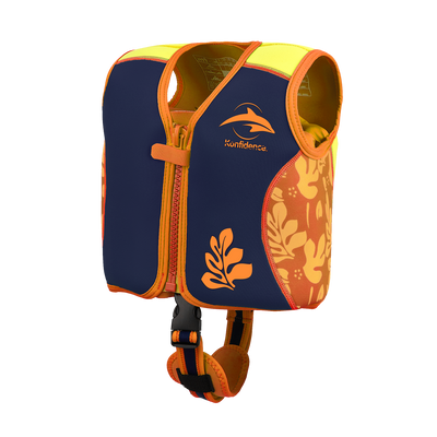 Kids Swim Jacket with 8 Removable Neoprene Floats | Adjustable Buoyancy Training Aid | Secure Strapped Fit to Learn Swimming with Confidence | Maui Palm Navy Orange | 2-12 Years