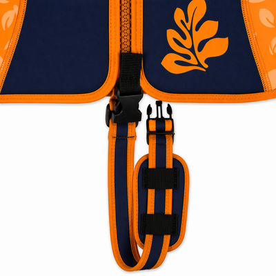 Kids Swim Jacket with 8 Removable Neoprene Floats | Adjustable Buoyancy Training Aid | Secure Strapped Fit to Learn Swimming with Confidence | Maui Palm Navy Orange | 2-12 Years