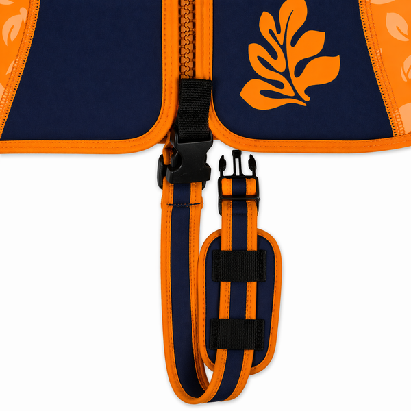 Kids Swim Jacket with 8 Removable Neoprene Floats | Adjustable Buoyancy Training Aid | Secure Strapped Fit to Learn Swimming with Confidence | Maui Palm Navy Orange | 2-12 Years