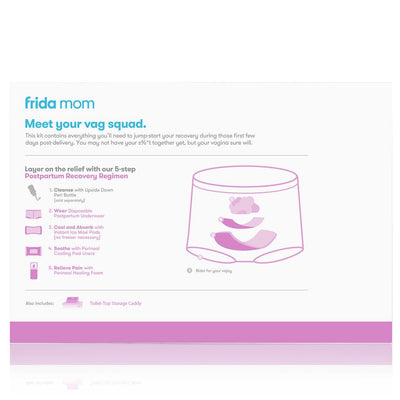 Frida Mom Postpartum Recovery Essentials Kit - Includes Disposable Underwear, Ice Maxi Absorbency Pads, Cooling Witch Hazel Medicated Pad Liners, Perineal Medicated Healing Foam And Peri Bottle