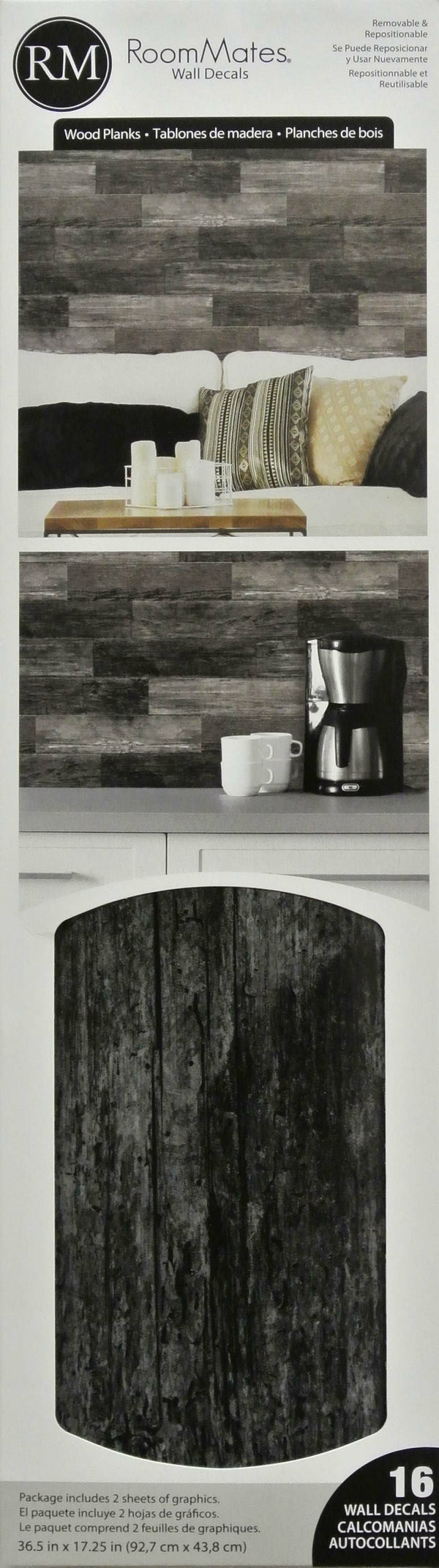 Distressed Barn Wood Plank Black Peel and Stick Wall Decals | Removable Repositionable Stickers | Easy Damage-Free Wall Art for Kids Bedroom Nursery Playroom
