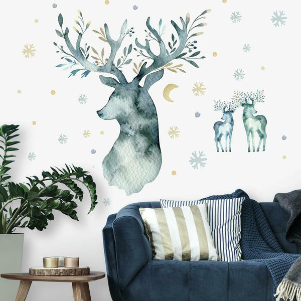 Watercolor Winter Deer Peel and Stick Wall Decals | Removable Repositionable Stickers | Easy Damage-Free Wall Art for Kids Bedroom Nursery Playroom