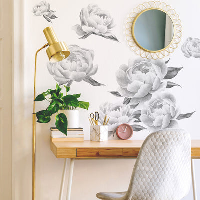 Black Peonies Peel and Stick Wall Decals | Removable Repositionable Stickers | Easy Damage-Free Wall Art for Kids Bedroom Nursery Playroom