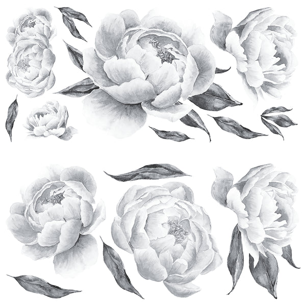 Black Peonies Peel and Stick Wall Decals | Removable Repositionable Stickers | Easy Damage-Free Wall Art for Kids Bedroom Nursery Playroom